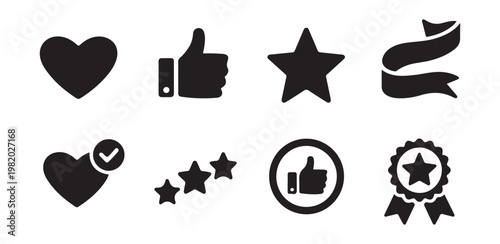 Vector set of rating and feedback icons heart thumbs up star ribbon badge on transparent background.