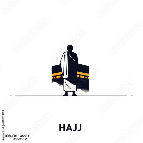 Vector flat design illustration of a Muslim pilgrim in ihram clothing standing before the Kaaba during Hajj pilgrimage