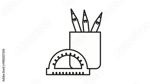 Black line art vector icon illustration of school and office supplies featuring a pencil holder cup with three sharp pencils and a protractor for geometry, education, and creative design work.
