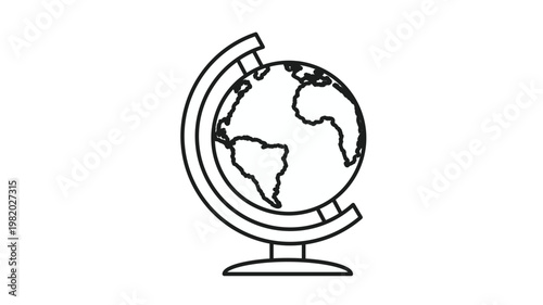 Minimalist black vector icon of a terrestrial globe on a stand, featuring a world map with continents. Clean line art illustration for education, geography, travel, and global business concepts.