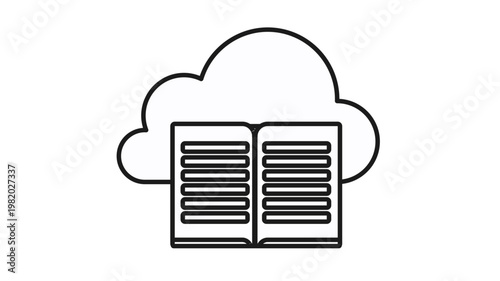 Minimalist black outline vector icon of an open book in front of a cloud, representing a digital library, online education, e-book storage, cloud-based learning, and information technology symbol.