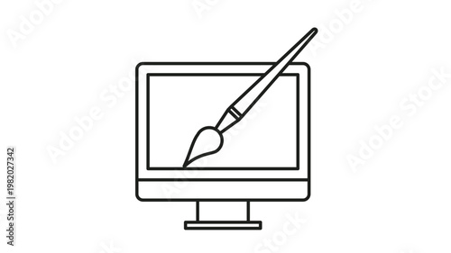 Minimalist black line art vector icon of a computer monitor with a paintbrush, symbolizing digital art, graphic design, creative software, web design, and artistic digital illustration tools.