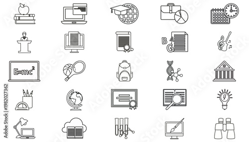 25 Vector Icon Set Bundle of Black Line Symbols for Education, Business, Science, Technology, and Art. Features Globe, Briefcase, Laptop, Books, Calendar, DNA, Music, Sports, and School Supplies.