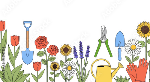 Colorful garden illustration with flowers and gardening tools against white
