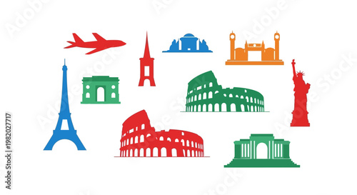 Colorful travel icons illustrating landmarks and transportation concepts