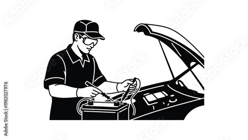 Mechanic working on car engine repair.