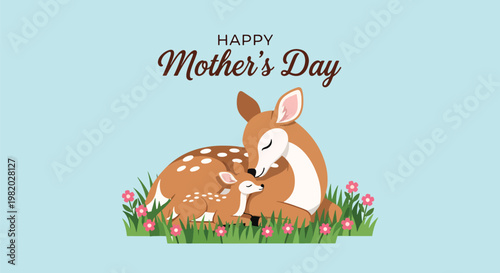 Happy mother's day. loving deer mother and fawn in grassy field with pink flowers vector.