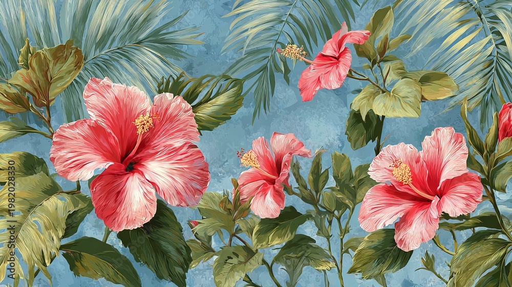 Obraz premium Hibiscus flowers and palm leaves create a lively summer scene.