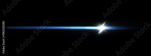 Cool Blue Horizontal Lens Flare Light Beam with Sharp Glow Effect on Dark Background, Cinematic Optical Streak Overlay.