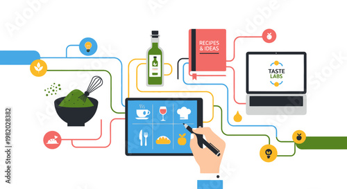 Culinary concept digital tablet ingredients and recipe book interconnected