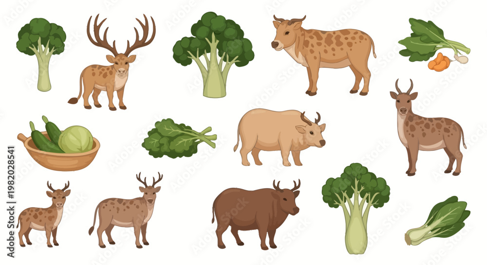 Fototapeta premium Deer and broccoli set vector illustration for food and wildlife themes