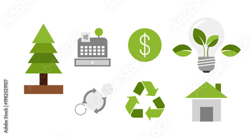 Eco friendly icons green tree recycling lightbulb cash register house