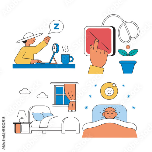 Bedtime Routine Icon Set, Minimal Sleep and Relaxation Black and White Vector Icons