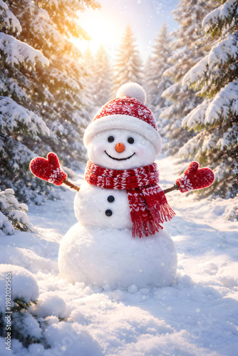 Happy Snowman in Sunny Winter Forest Landscape