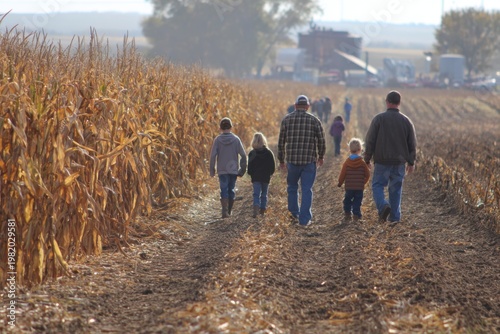 Family walks through cornfield during harvest season