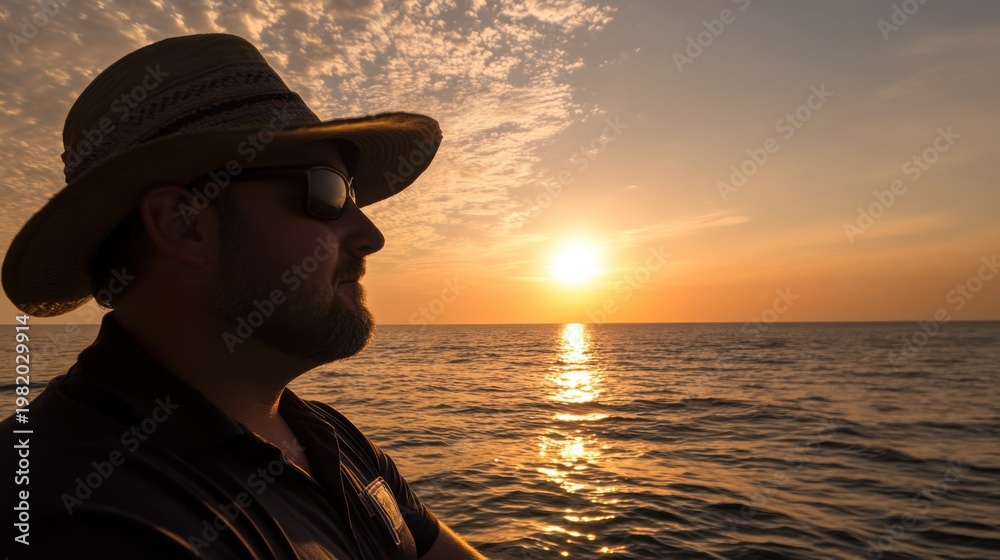 Fototapeta premium Fisherman watches golden sunset over the sea