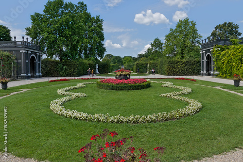 Flower beds and pavilions in the gardens of Schonbrunn palace, vienna, Austria 