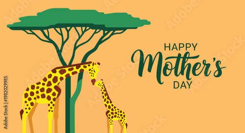Happy mothers day greeting card with giraffes and acacia tree.