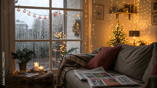 Rain behind a window with a pretty bright decor and cocooning in the middle of winter and newspapers