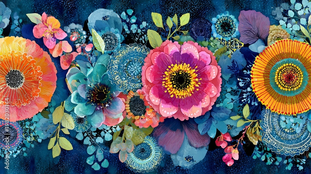 Naklejka premium Bright floral art with watery colors, in circles, bunches, borders, and repeating designs.