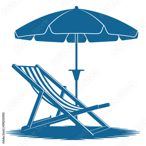Relaxing beach scene with an umbrella and deck chair by the water's edge
