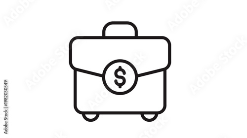 Minimalist black line art vector icon of a professional briefcase featuring a dollar sign symbol, representing business, finance, wealth, investment, and corporate success on a white background.