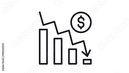 Financial loss and economic recession vector icon illustration featuring a downward trending bar chart, a falling arrow line, and a dollar sign symbol, representing market crash and deflation.