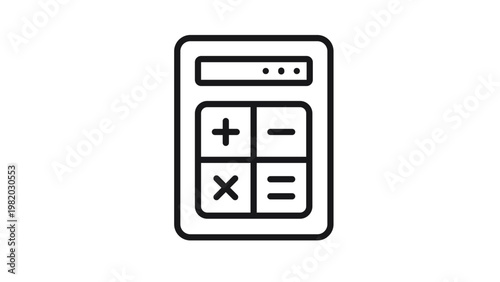 Black vector icon of a calculator featuring a display screen and four large buttons with math symbols for addition, subtraction, multiplication, and equals, isolated on white background.