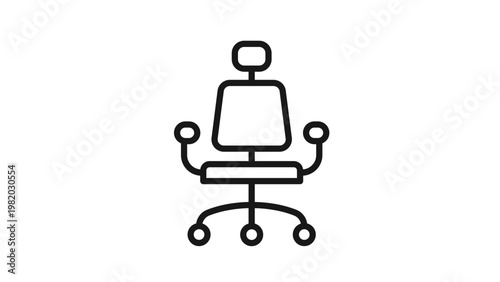 Minimalist black vector icon of an ergonomic office chair with headrest, armrests, and rolling wheels, perfect for business, workplace, and furniture design concepts, isolated on white.