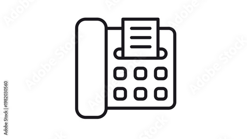 Minimalist black line art vector icon of a classic office fax machine featuring a telephone handset, keypad buttons, and a document being printed or received, professional communication symbol.