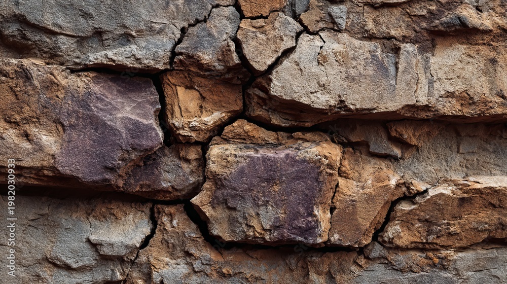 Fototapeta premium Rough brown and purple stone wall shows a textured, uneven surface with cracks.