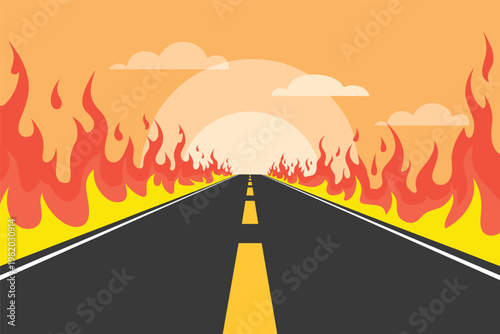 Burning Road at Sunset Illustration Vector Climate Change Concept