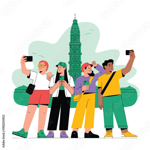 A group of diverse people taking selfies in front of a city landmark