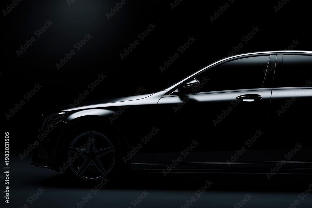 Fototapeta premium Modern black luxury car isolated on dark background automotive advertising vehicle concept