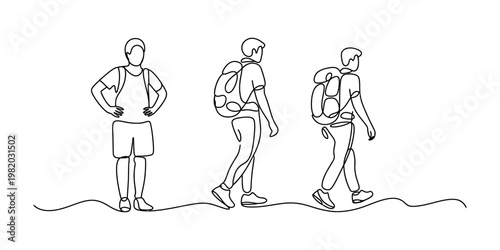 Continuous line drawing of three men hiking with backpacks and walking along a winding path trail Vector, illustration