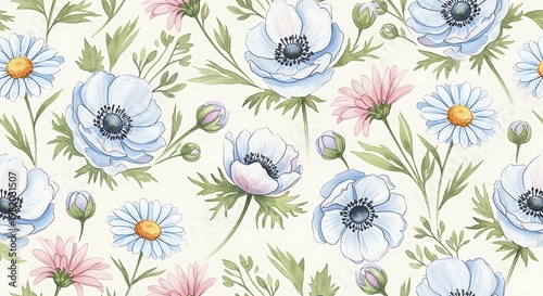 Watercolor floral pattern with anemones and daisies on a light background.