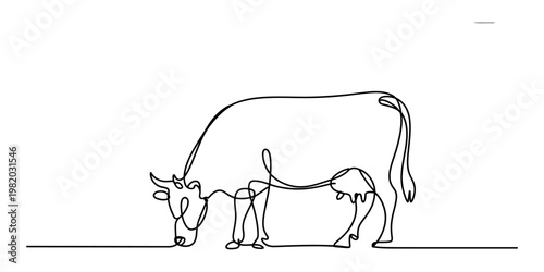 Minimalist one line drawing of a cow grazing in a field represented by a single black continuous line Vector, illustration