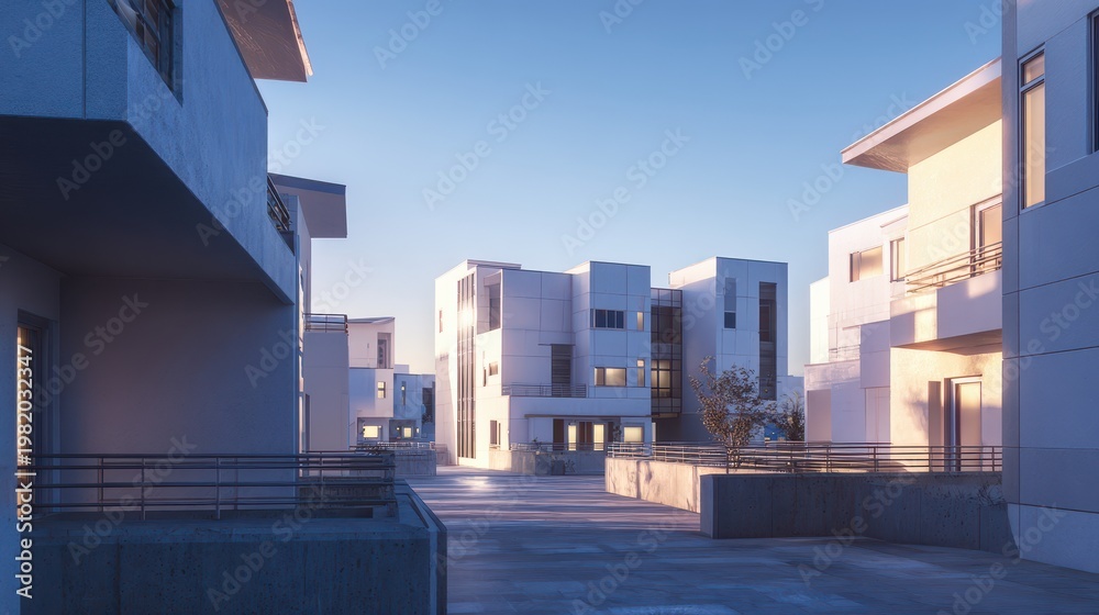 Obraz premium Elegent photo of modern housing complex with clean architectural lines, illuminated by soft daylight.