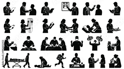 Medical Healthcare Silhouette Collection: Professional Icon Set Featuring Doctors, Nurses, Surgeons, Pharmacists, and First Responders Performing Clinical Procedures and Patient Helps.