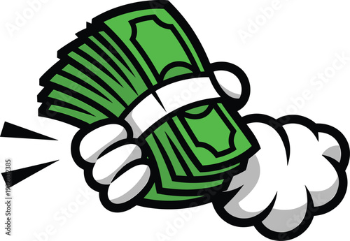 A cartoon hand is greedily clutching a thick stack of green american money with several bills flying outward high quality professional detailed modern