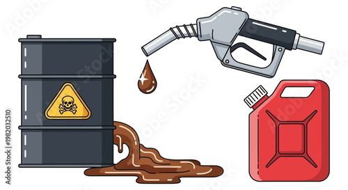Spilled oil from barrel with warning sign and gas pump nozzle in hazardous materials style with dark colors and oil texture for industrial safety
