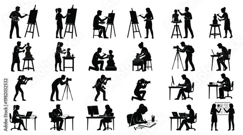 Creative people silhouettes vector set of artists, painters, photographers, sculptors, and designers working at desks or easels in diverse artistic workshops isolated on white backgrounds