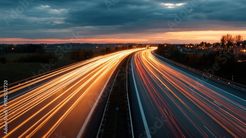 Elegent photo of  motorway. Sunset motorway with dynamic light streaks and a warm atmospheric dusk glow. inspiring travel planning, mobility guides, designed for mobility and.