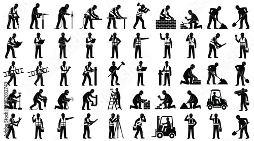 Massive collection of construction worker silhouettes featuring builders, welders, painters, and forklift operators performing various site tasks with professional tools and equipment