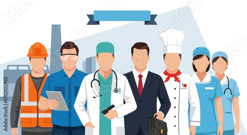 International Labour Day Banner with Group of Diverse Professionals and Global Workforce