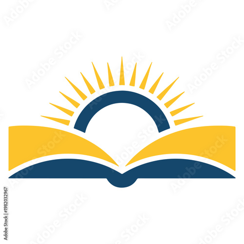 Open book with a rising sun symbolizing enlightenment and new knowledge