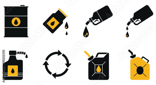 Oil recycling process icons in black and yellow color scheme on white background for environmental conservation