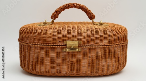 Elegent photo of  oval woven straw vanity case with braided handle and gold clasp straw bag woven bag.
