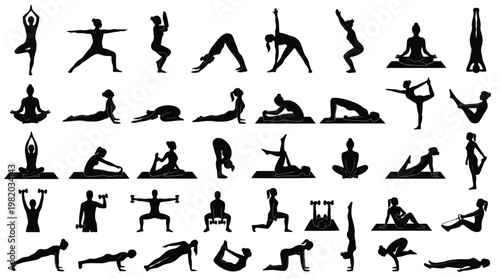 Comprehensive set of black silhouettes featuring people doing yoga poses, fitness exercises, weightlifting with dumbbells, and bodyweight training isolated on white background vector.