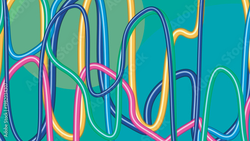 Colorful abstract loops and curves on green background